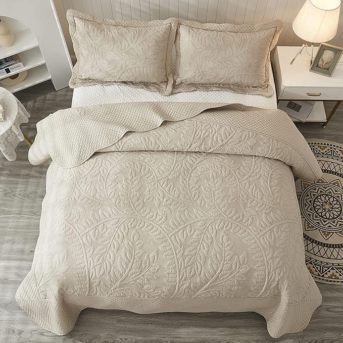 MarCielo 3-Piece 100% Cotton Oversized Bedspread Lightweight Quilt Coverlet Embroidery Farmhouse Bedding Set T0 (Yellowish Beige, Oversized Queen (100"x106"))