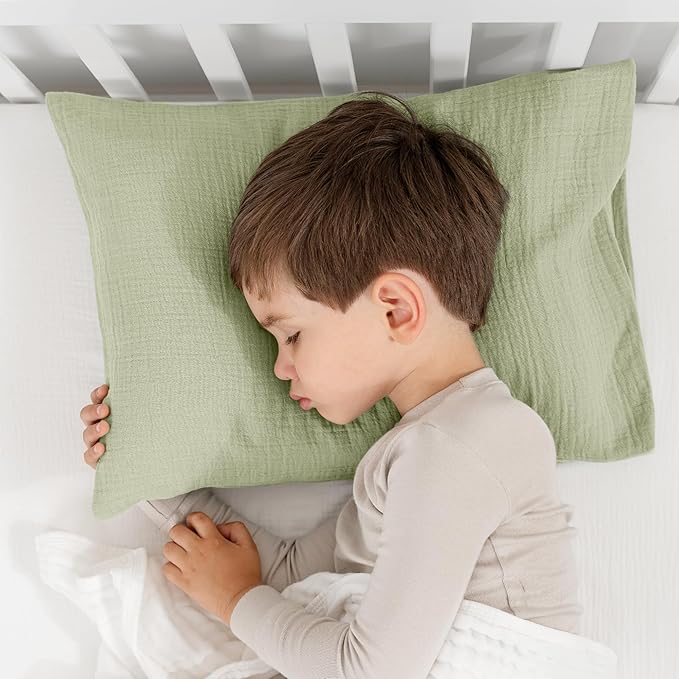 Comfy Cubs Toddler Pillow with Soft Muslin Pillowcase, 13"x18", Sage - Kids Pillow for Sleeping & Travel - Adorable & Comfortable Small Pillow - Kids Travel Pillow with Breathable Microfiber Fill