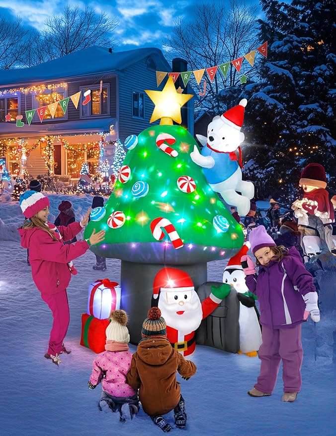 Christmas Inflatable Outdoor Decoration, 7FT Blow Up Mushroom House with Santa, Polar Bear & Penguin, Built-in Colorful Light Inflatable Christmas Tree & Gift Boxes for Xmas Party Yard Lawn Patio