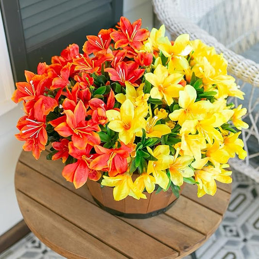 Artificial Fake Fall Flowers for Outdoors 3 Bundles Silk Azalea Flower Faux Plants UV Resistant Realistic Flowers for Outside Planter Porch Patio Yard Garden Walkways Home Decor (Orange+Yellow)
