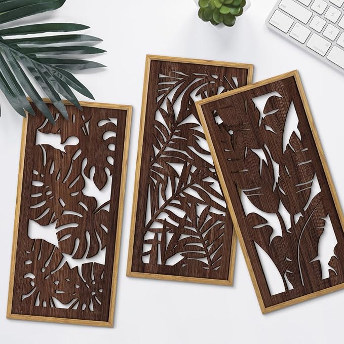 HPNIUB 3PCS Tropical Wall Decor, Rustic Palm Leaf Wooden Sign for Bathroom, Vintage Leaf Plant Hanging Wood Plaque Wall Art Nature Picture for Home Office Living Room Decoration(8x16Inch)