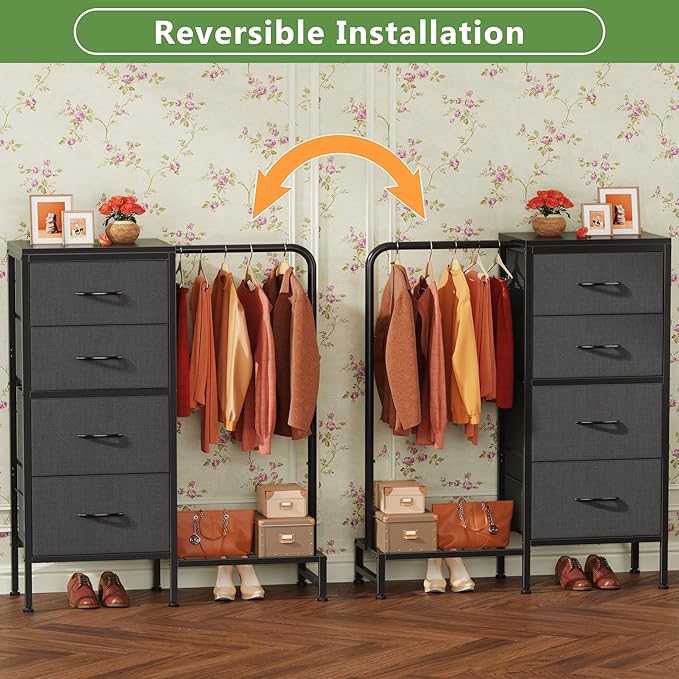 Dresser with Hanging Rack, 4 Drawers Small Closet for Bedroom, Reversible Fabric Kids Dresser for Closet with Clothes Rack, Tall Chest of Drawers, Sturdy Frame, Grey, 44''H
