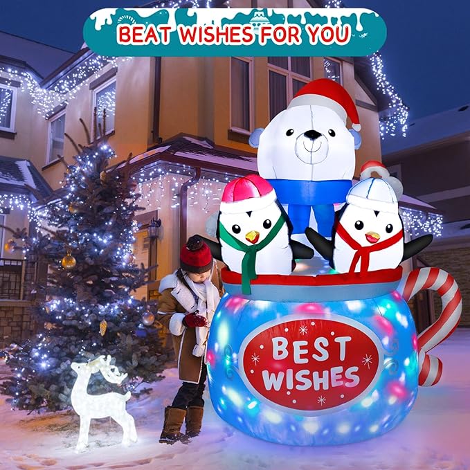 Dawdix Christmas Inflatables Decorations with Colorful Light, 6FT Inflatable Polar Bear & Penguins in Hot Cocoa Mug, Blow Up Outdoor Decorations for Xmas Holiday Yard Garden Lawn Party