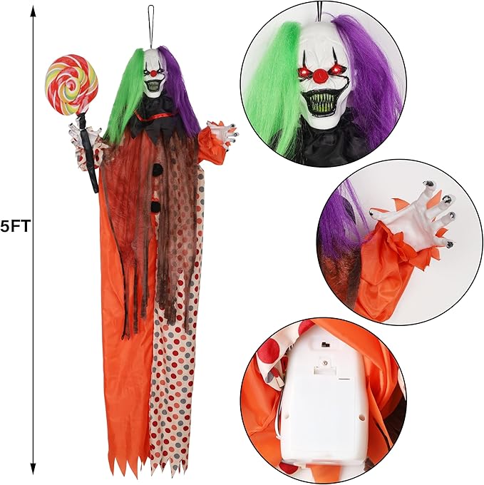 Prsildan Halloween Hanging Clown Decorations Outdoor Scary Animated Clown Halloween Props with Creepy Sound, Motion Activated, Red Light Up Eyes for Indoor Outside Yard Holiday Décor
