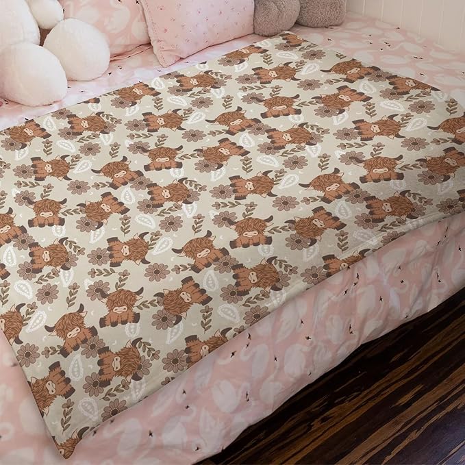 Boho Highland Cow Paisley Floral Baby Blanket Girls Gift, Beige Western Cowgirl Flower Flannel Fleece Nursery Bed Blankets, Soft Lightweight Newborn Infant Toddler Kids Crib Bedding 30 x 40