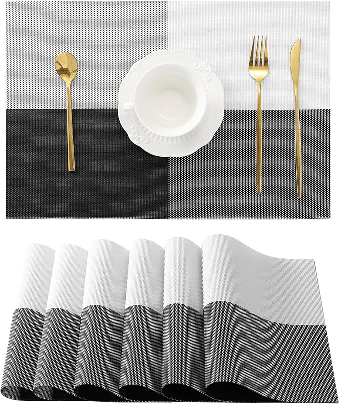 Leetaltree Gray with White Grid Pattern Placemats Set of 6 - Heat Resistant Non-Slip Place mats for Dining Table, Washable Durable PVC Vinyl Woven Table Mats(Grey Grid, 6)