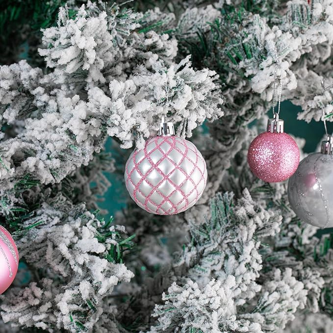 100Pcs Christmas Ball Ornaments Set, Assorted Shatterproof Christmas Ornament, Christmas Tree Theme Hanging Decoration for Xmas Tree Holiday/Party/Home Decor (Pink & Silver & White)