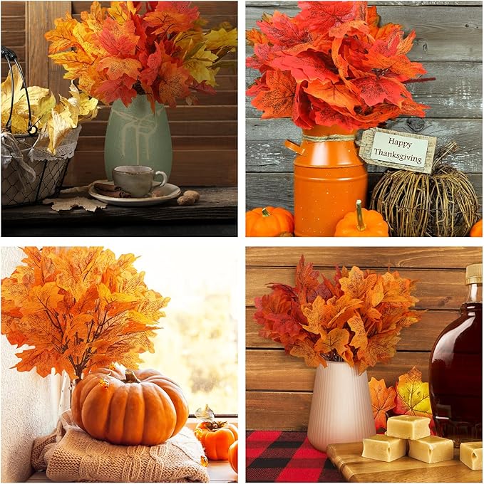 Tigeen 8 Pack Fall Leaves Decor Artificial Maple Leaves Stems Branches Faux Fall Fake Autumn Leave for Thanksgiving Table Centerpieces Decoration