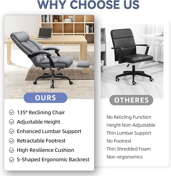 Big and Tall Reclining Executive Leather Office Desk Chair with Footrest and Lumbar Support