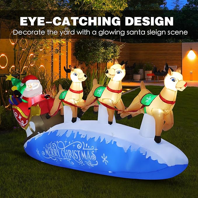 ZPISF 10 FT Santa Sleigh with Reindeer Christmas Inflatables Outdoor Decorations, Christmas Blow Up Yard Decorations for Garden Lawn Xmas Decor (Blue)
