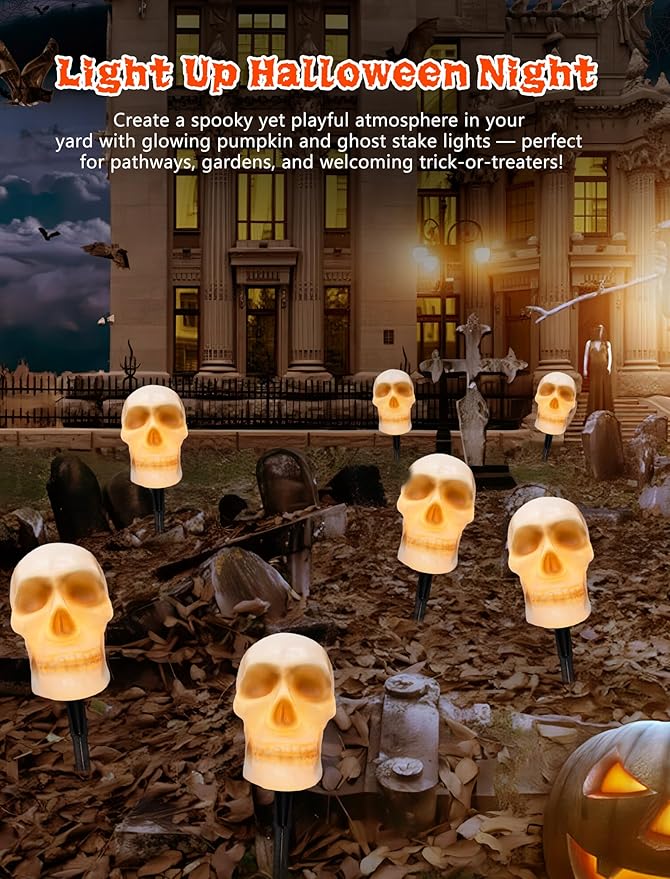 Halloween Pathway Lights Outdoor – Connectable Skull Lights Outdoor with LED C7 Bulbs & Stakes, Waterproof Halloween Skull Light for Garden, Lawn, Driveway, Ghost Pathway Light & Skeleton Stakes