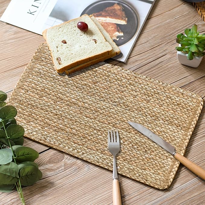 Woven Placemats Set of 4 Rattan Placemats Rectangle Natural Placemats Wicker Heavy Braided Straw Placemat Farmhouse Square Plates Place mats for Indoor/Outdoor Patio Table 17.7'' X 11.8''