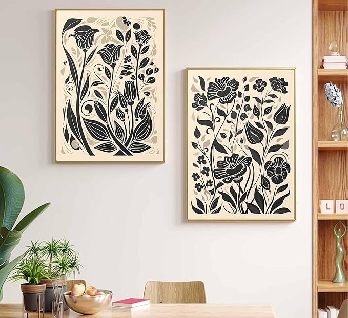 2 Pcs Boho Abstract Floral Canvas Wall Art Modern Minimalist Neutral Beige and Black Floral Botanical Wall Decor Poster Print Artwork for Living Room Bedroom Office Home Decoration Unframed