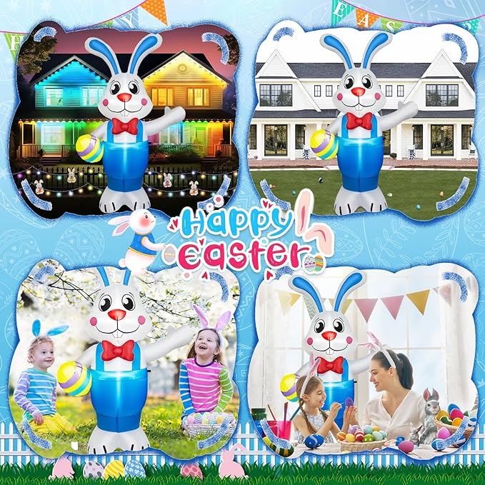 6FT Easter Inflatables Outdoor Decorations, Inflatable Bunny Holds Egg Built-in LED Lights Blow Up Inflatable Easter Outdoor Decorations for Holiday Party Indoor Outdoor Garden Lawn Yard Decor