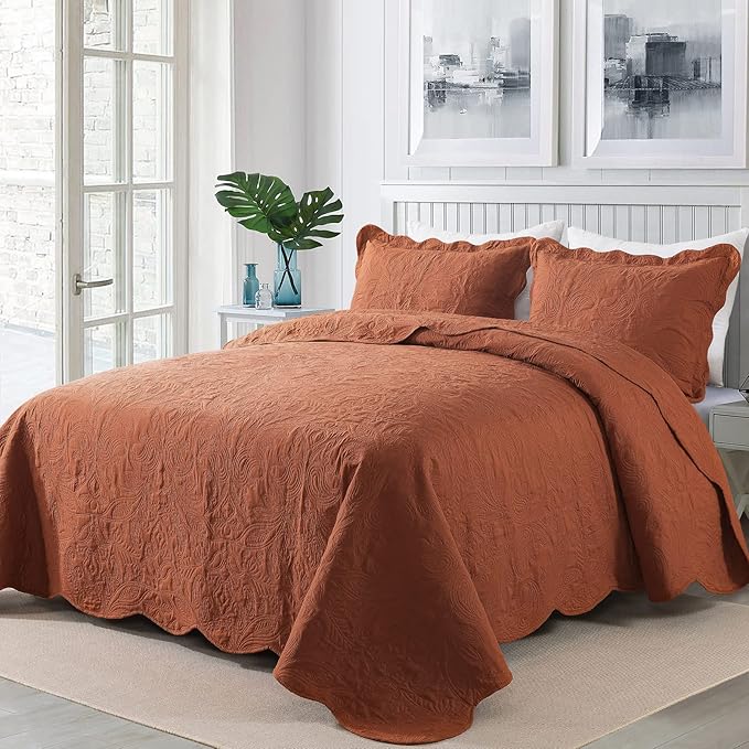 HoneiLife Queen Quilt Bedding Set - 3 Pieces Microfiber Quilt Sets Lightweight Bedspreads Reversible Coverlets Retro Bed Cover Paisley Pattern Bedding Set All Season Quilts-Rust