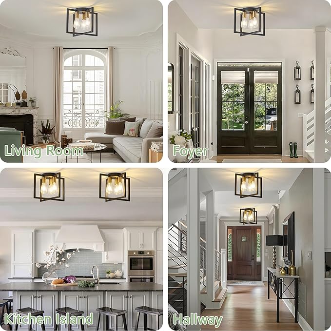 3-Light Ceiling Light Fixture, Black and Gold Semi-Flush Mount Chandelier with Geometric Metal Shade, Farmhouse Industrial Lighting for Kitchen Living Room Bedroom Hallway Foyer, E26 Base