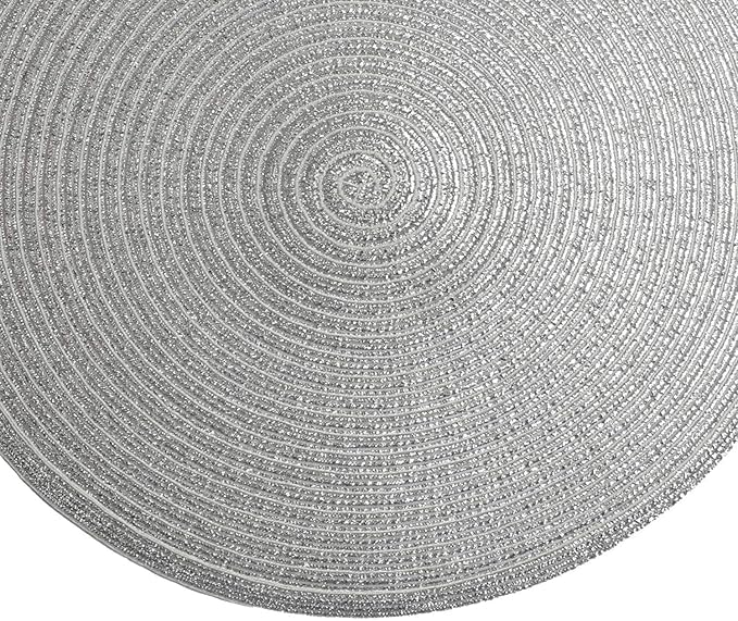 SHACOS Glitter Round Braided Placemats Set of 6 Sparkle Bling Placemats Glitz Table Mats for Home Holiday Party Wedding Festive Table Decoration (6, Silver)