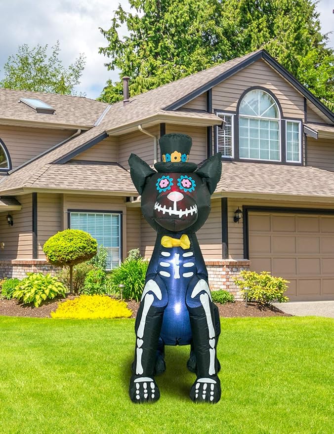 AJY 4 Feet Halloween Inflatable Dog Skeleton Spooky Town Skeleton Yard Art Décor Inflatable LED Lights Halloween Display Blow up Lighted Yard Decor Lawn Home Garden Party Favor Decoration
