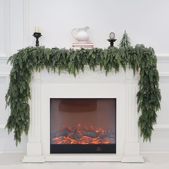 12FT Christmas Cedar Garland Artificial Real Touch Thickness Realistic Greenery Pine Garland for Mantle Fireplace Outdoor Indoor Christmas Decorations