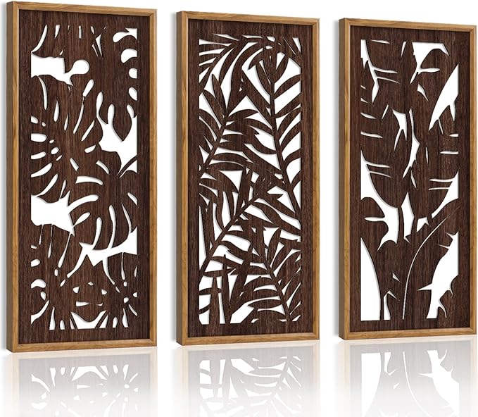 HPNIUB 3PCS Tropical Wall Decor, Rustic Palm Leaf Wooden Sign for Bathroom, Vintage Leaf Plant Hanging Wood Plaque Wall Art Nature Picture for Home Office Living Room Decoration(8x16Inch)