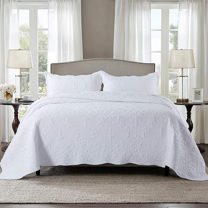 HoneiLife Quilt Set King Size - 3 Piece Embroidered Microfiber Bedspread Reversible Coverlet Lightweight Bedcover Paisley Pattern Bedding Set All Season Quilts-White