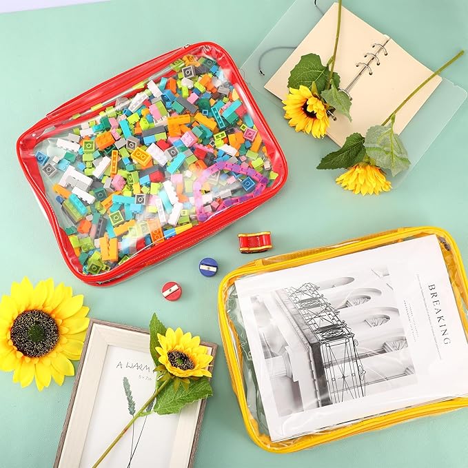 Sanwuta 3 Packs Toy Storage Bags with Zipper, Clear PVC Organizing Bags, Waterproof Toy Bags for Board Games, Building Blocks, Toys and Kids Books (Red, Yellow, Green,10.24 x 7.09 x 2.36 Inch)