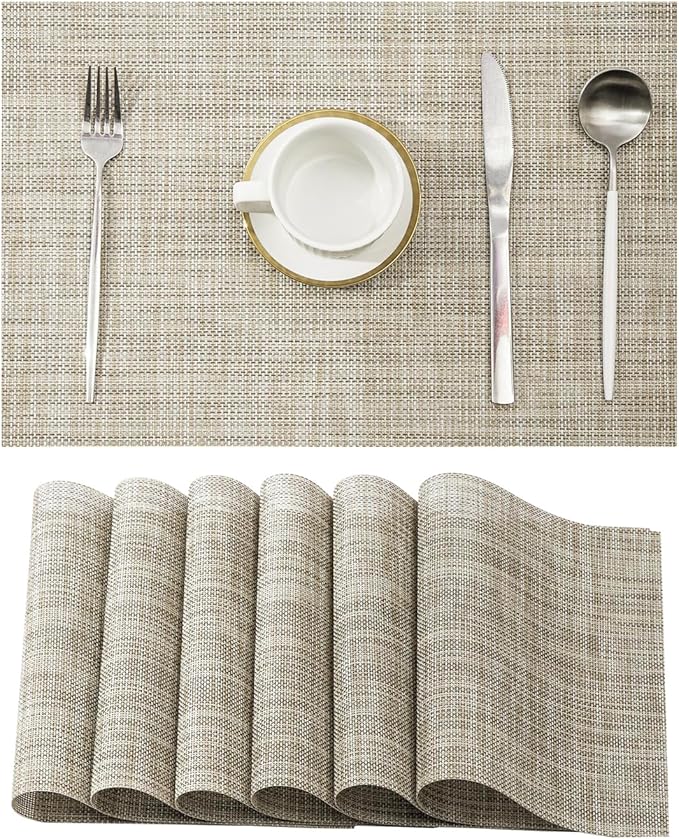 Leetaltree Linen Yellow Placemats Set of 6 - Heat Resistant Non-Slip Place mats for Dining Table, Washable Durable PVC Vinyl Woven Table Mats(Linen Yellow, 6)