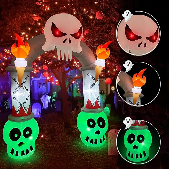 10FT Halloween Decorations Outdoor Inflatable Archway Skeleton Halloween Blow up Yard Decorations with Flashing LED Lights Inflatable Haunted House Lawn Outside Halloween Decorations