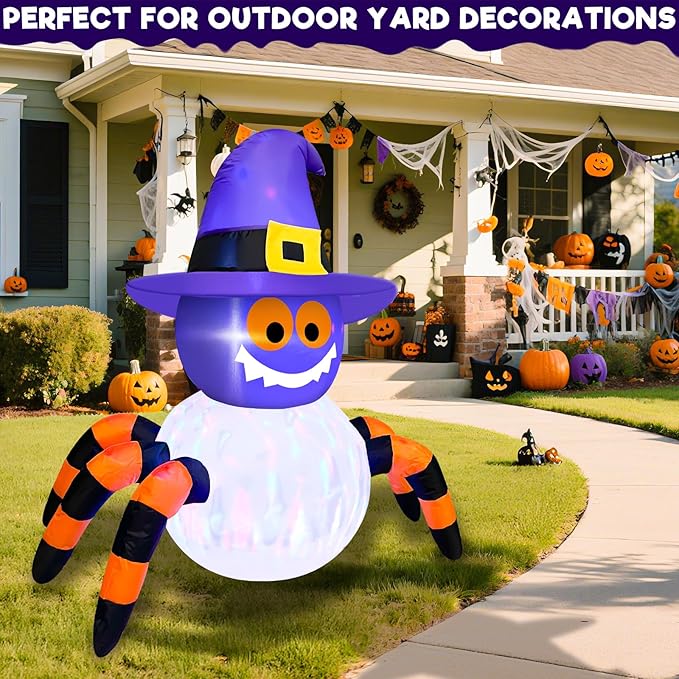 TURNMEON 3.6 Ft Halloween Inflatables Spiders Wear Witch Hat Decorations Outdoor with Rotating Colorful Lights 4 Stakes 2 Tethers 1 Sand Bag Blow Up Halloween Decoration Yard Lawn Garden Holiday Party