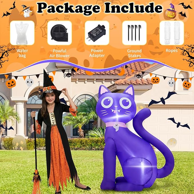 3.5FT Inflatable Decor Purple Cat Halloween Decoration with LED Lights Indoor Outdoor Halloween Horror Blow Up Decor Party Holiday Decoration