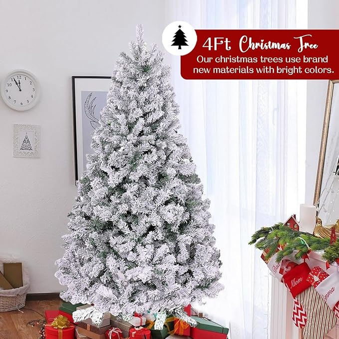 4ft Flocked Artificial Christmas Tree, Arbol de Navidad with 450 Branch Tips, Fake Christmas Tree, Premium Spruce Xmas Tree with Fold-Able Metal Base Stand
