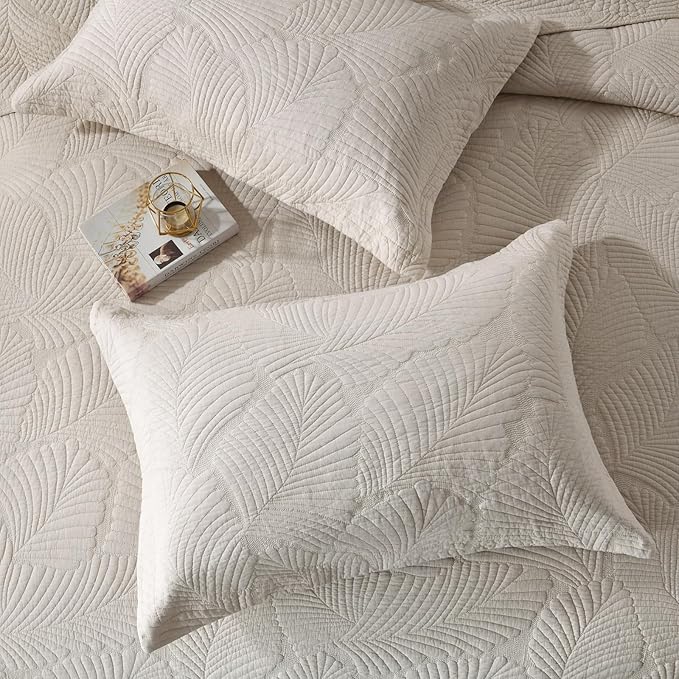 mixinni Beige Tropical Palm Tree Queen Size Quilt Set Soft Cotton Bedspread Coverlet Bed Cover-Queen Size