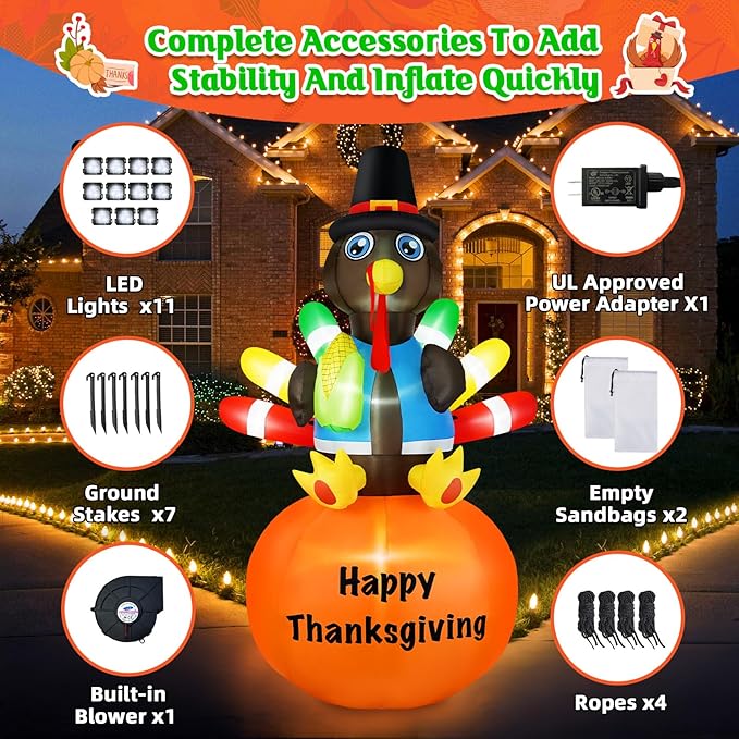 B&D 8FT Thanksgiving Inflatables Turkey Sitting on Pumpkin, Blow up Turkey Thanksgiving Decorations Outdoor Built-in LEDs Autumn Fall Harvest Decorations for Holiday Yard Lawn Garden Patio Decor