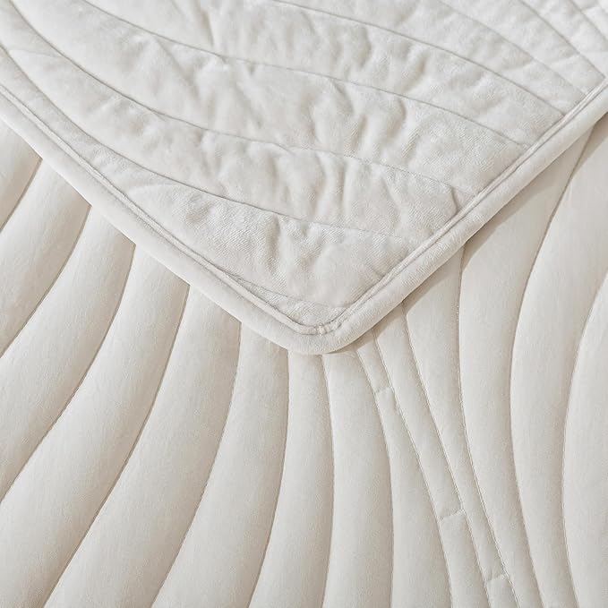 HoneiLife Quilt Set Queen Size - Velvet Quilt Sets 3-Pieces, Stripe Bedspread for Queen Beds, Queen Quilt Bedding Sets All Season Quilts- Nature White