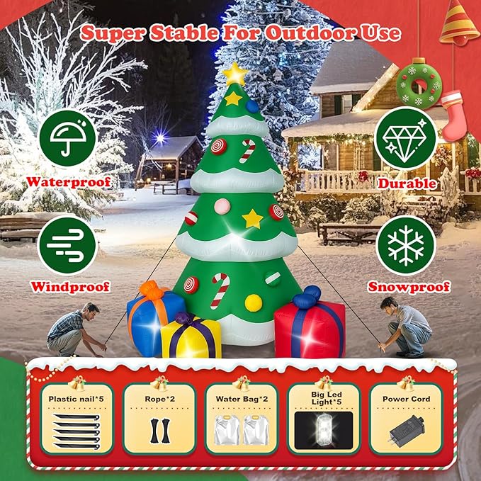 7 FT Christmas Inflatable Tree Outdoor Decorations, Blow up Christmas Tree with 3 Gift Boxes Yard Decoration Built-in LED Lights for Garden Lawn Holiday Decor