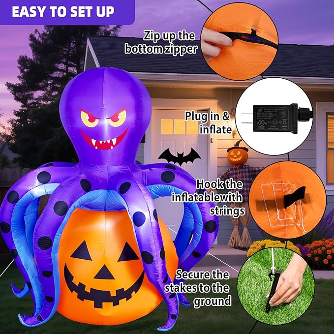 Garma 6.2 FT Halloween Inflatables Decorations Outdoor - Octopus Pumpkin Blow Ups Yard Decoration with Built-in LEDs for Halloween Party Outdoor & Indoor Yard Garden Lawn Decor