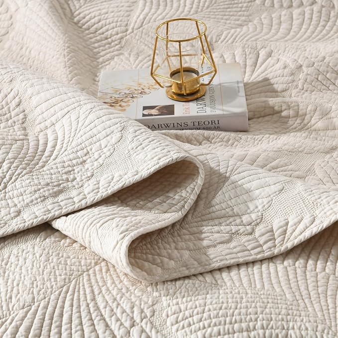 mixinni Beige Tropical Palm Tree Queen Size Quilt Set Soft Cotton Bedspread Coverlet Bed Cover-Queen Size