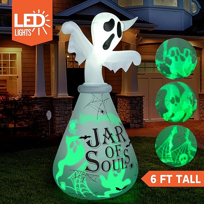 Joiedomi 6 FT Halloween Inflatable Outdoor Decoration, Ghost Inflatable Halloween Decor Outdoor, Blow Up Ghost in The Jar with Green Projecting LED for Halloween Yard Decoration