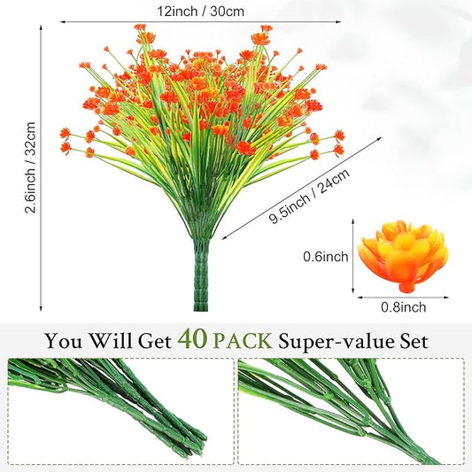 Hoteam 40 Bundles Fall Outdoor Artificial Flowers Plants UV Resistant Outside Faux Flowers Plastic Fake Plants Outdoor Summer Seasons Decoration Shrubs Garden Porch, Orange
