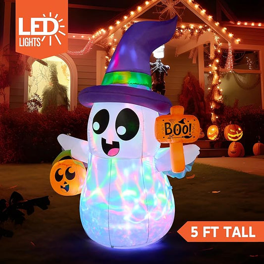 Joiedomi 5 FT Halloween Inflatables Ghost Outdoor Decorations, Blow Up Cute Wizard Ghost with Pumpkin, Blow Up Yard Decoration with Rotating Colorful LED for Halloween Lawn Garden Party Decor