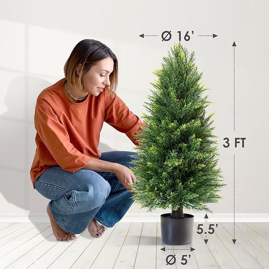 Set of 2 Artificial Cedar Topiary Trees, 3 FT Tall | UV-Resistant for Outdoor & Indoor Use | Lifelike Fake Plants for Front Porch, Patio & Office Decor