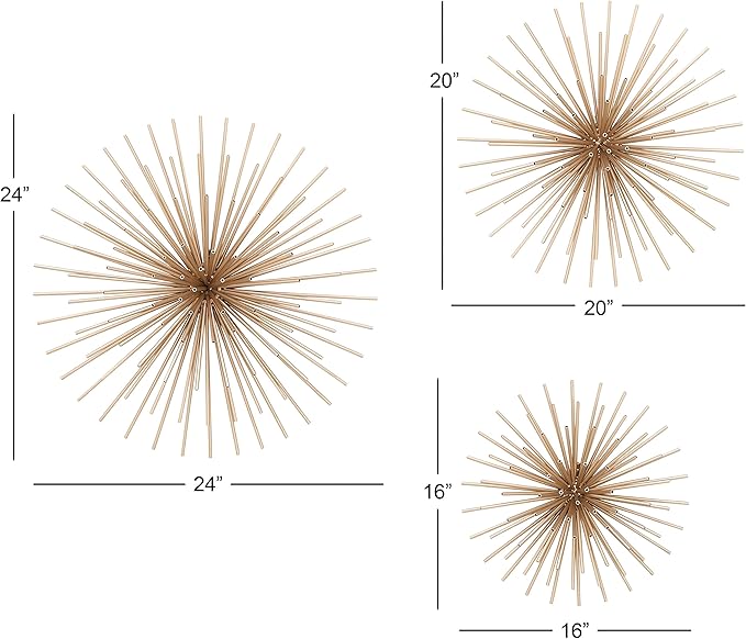 Deco 79 Metal Starburst Home Wall Decor 3D Wall Sculpture, Set of 3 Wall Art 16", 20", 24"D, Gold