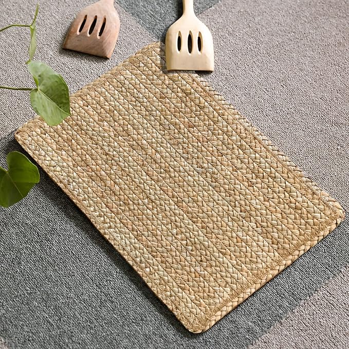 Woven Placemats Set of 4 Rattan Placemats Rectangle Natural Placemats Wicker Heavy Braided Straw Placemat Farmhouse Square Plates Place mats for Indoor/Outdoor Patio Table 17.7'' X 11.8''