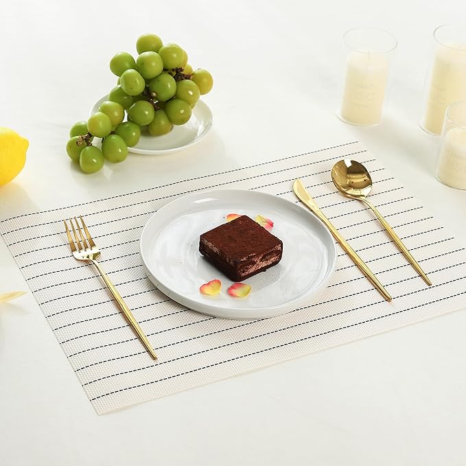 Leetaltree White with Black Stripes Placemats Set of 6 - Heat Resistant Non-Slip Place mats for Dining Table, Washable Durable PVC Vinyl Woven Table Mats(White Stripes, 6)