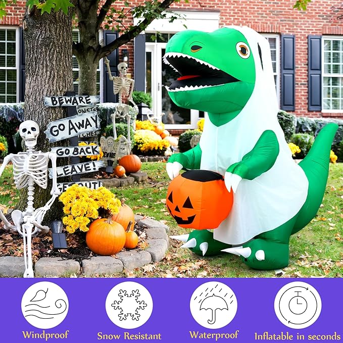 6 FT Halloween Inflatables Dinosaur Outdoor Decorations Ghost Dinosaur with Pumpkin Inflatables Decoration with Built in LEDs for Halloween Party Yard Lawn Garden Decor