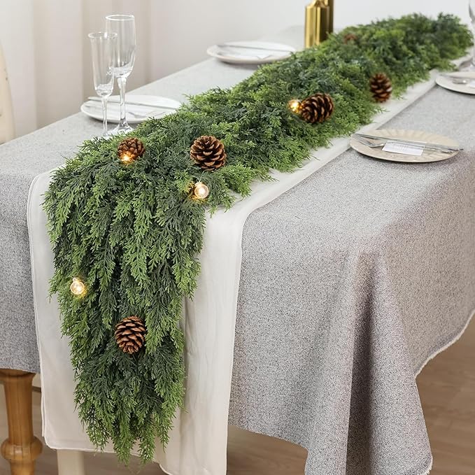 16FT Real Touch Cedar Garland for Fireplace - Artificial Christmas Garlands Realistic Faux Greenery Fake Pine Needles Garland for Holiday,Table, Window,Mantel,Stairs, Home,Indoor Outdoor Decor (1PCS)