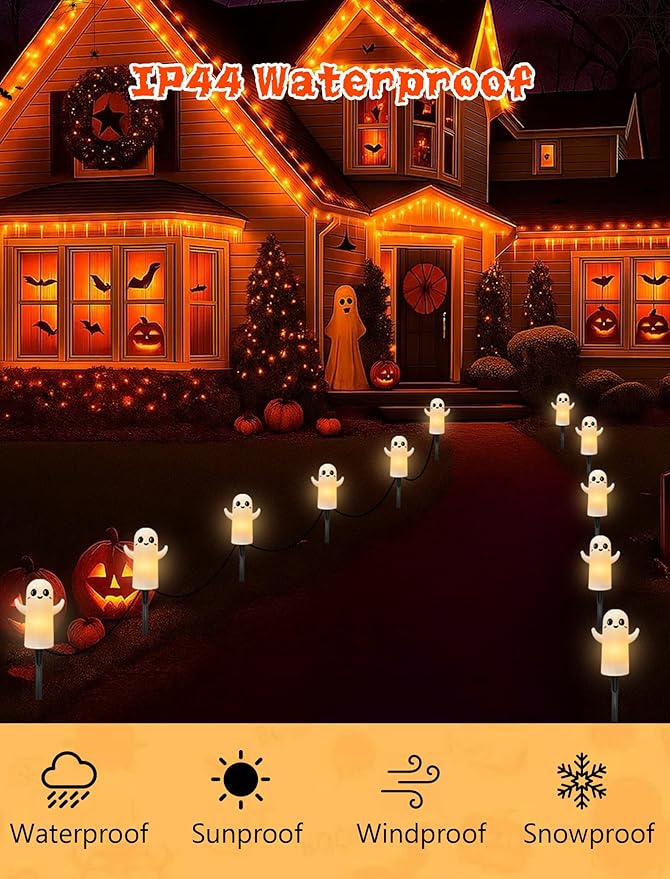 Halloween Ghosts Pathway Lights,4 Pack Ghosts Stake Lights with C7 Clear Bulbs,7Ft Extendable Waterproof Walkway Lights Halloween Decor for Yard Porch Lawn Pathway Garden