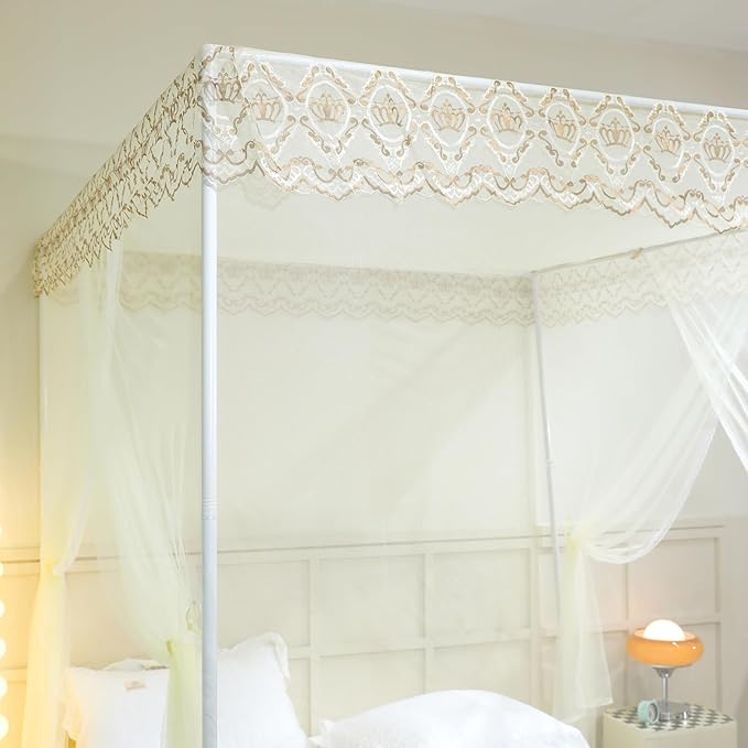 Bed Canopy, Princess Bed Curtain Net for Girls & Adults,Three-Doors Rectangle Lace Dome Netting (Yellow, King)