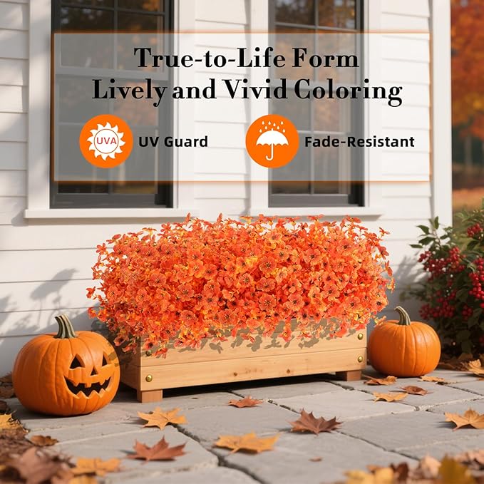 Fall Flowers Artificial for Decoration, Artificial Fall Mums Flowers for Outdoors, Fake Flowers Daisy Eucalyptus Realistic UV Resistant for Garden Patio Porch Home Decor (12, Orange-Yellow Leaves)