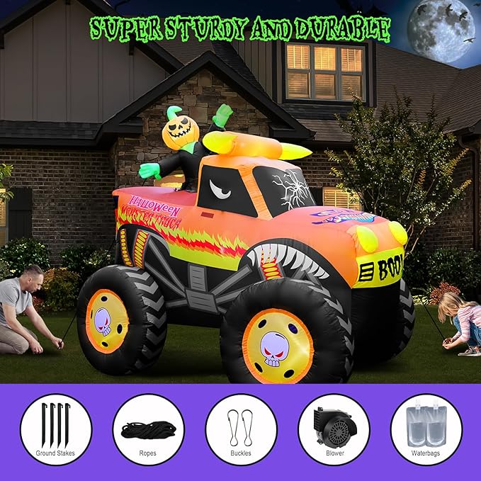 8FT Halloween Inflatable Pumpkin Monster Truck, Inflatable Vehicle Yard Decorations Built-in 8 LED for Halloween Inflatables Outdoor Decoration Home Party Supplies Lawn Halloween Decor